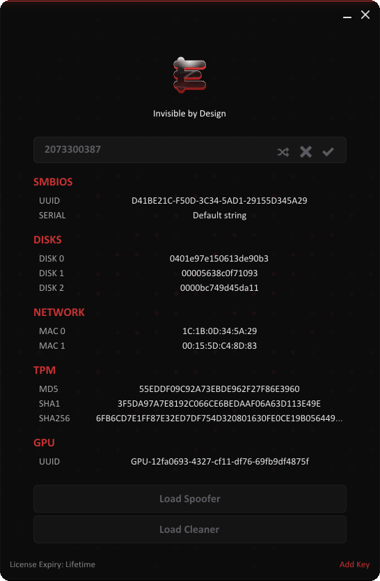 Temporary HWID spoofer interface